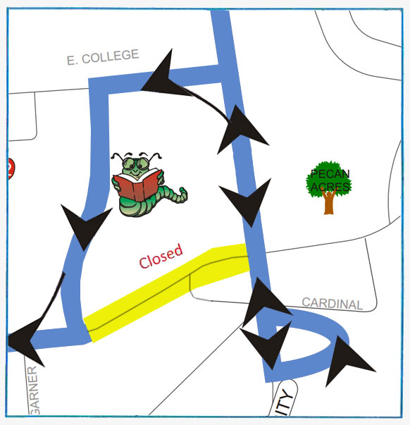 Nacogdoches Blue - Temporary Detour Route (map - E. Starr is closed between University and Wilson due to construction. Detour around closed road: University to E. College to Wilson to E. Starr. 5/25/17 until further notice.)